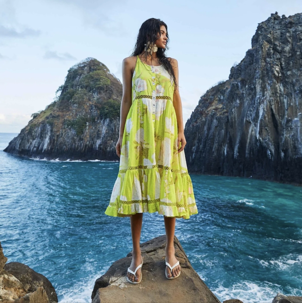 NWT - Farm Rio garden yellow neon midi dress